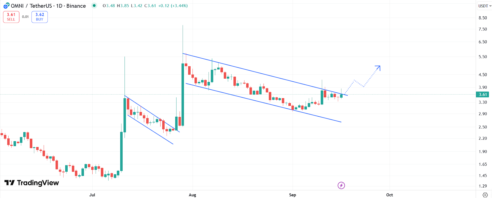 带有 RSI 和布林带的 OMNI 价格图表 |资料来源：TradingView