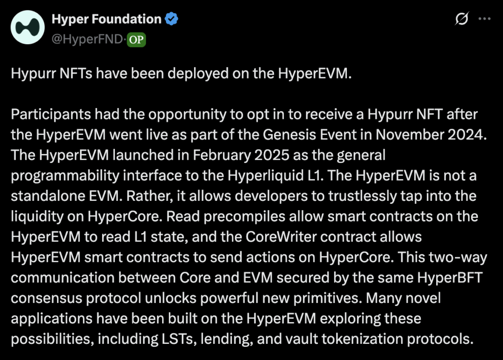 NFT Hypurr 發布時 HYPE 價格目標爲 50 美元