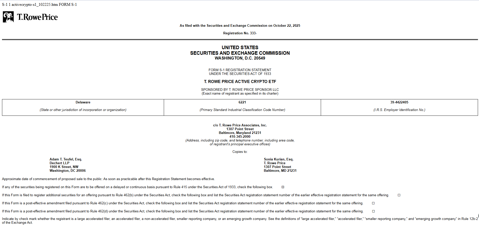 資產管理公司 T. Rowe Price 提交加密 ETF 申請