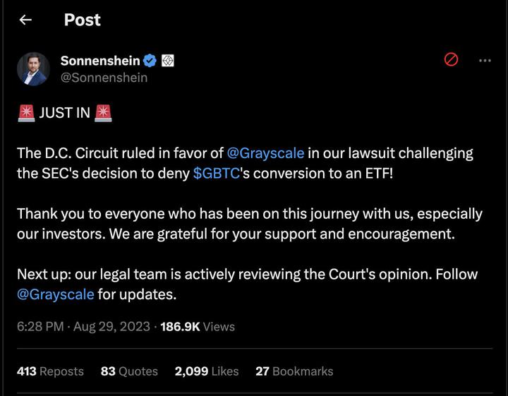 解读灰度胜诉案：法院认为SEC“双标”，初步裁决铺路现货ETF