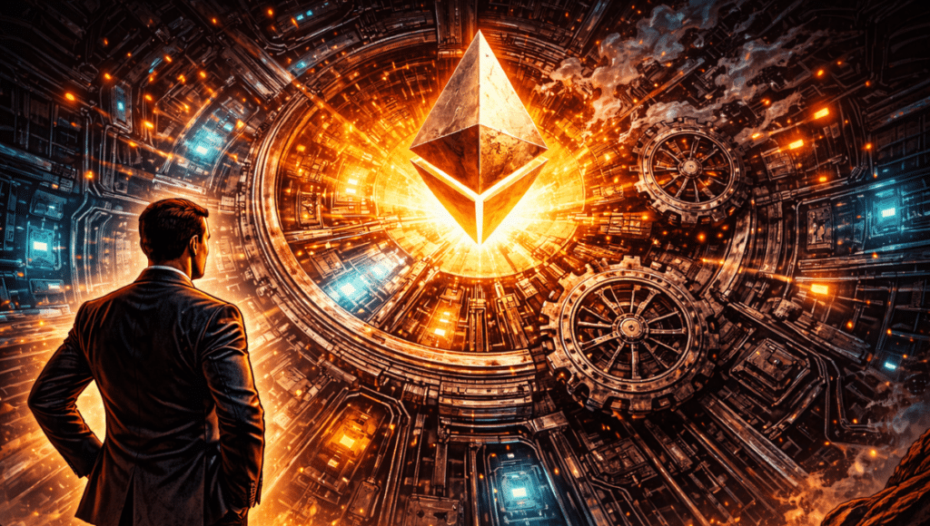 An intricate Ethereum mechanism is being updated. Some parts shine (improvement), while others appear stuck or misaligned — symbolizing JPMorgan analysts' doubts about the effectiveness of the Fusaka upgrade.