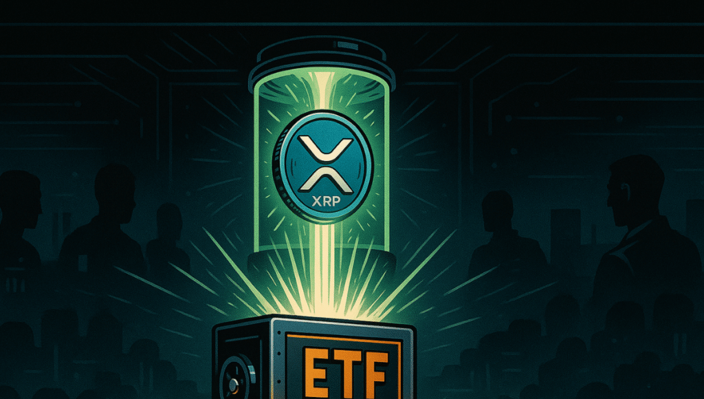 A stylized "ETF" vault stands open, releasing beams of cash flowing toward an XRP token suspended in a glass chamber.