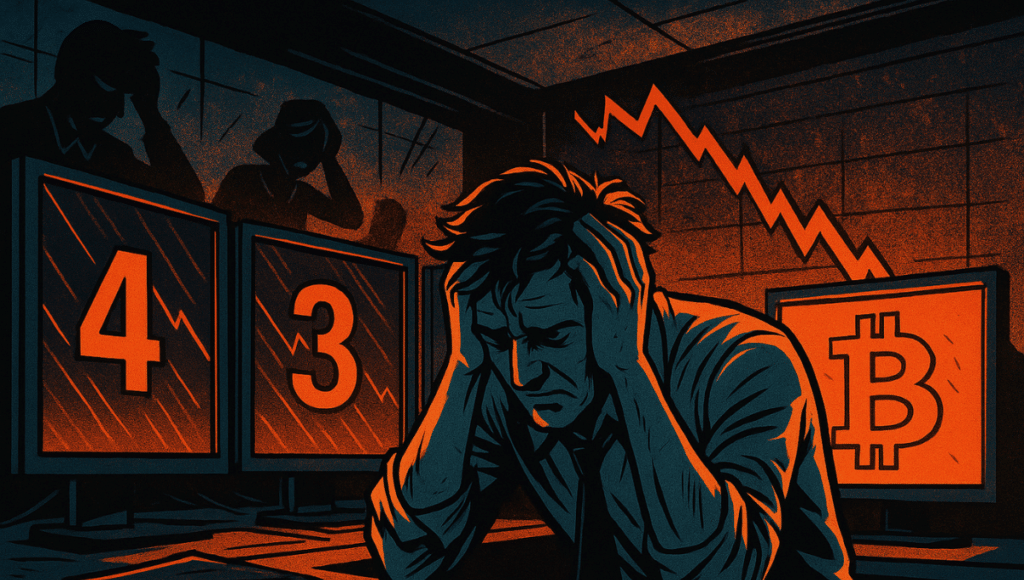 A distraught trader, head in hands, surrounded by red screens displaying figures and a falling Bitcoin.