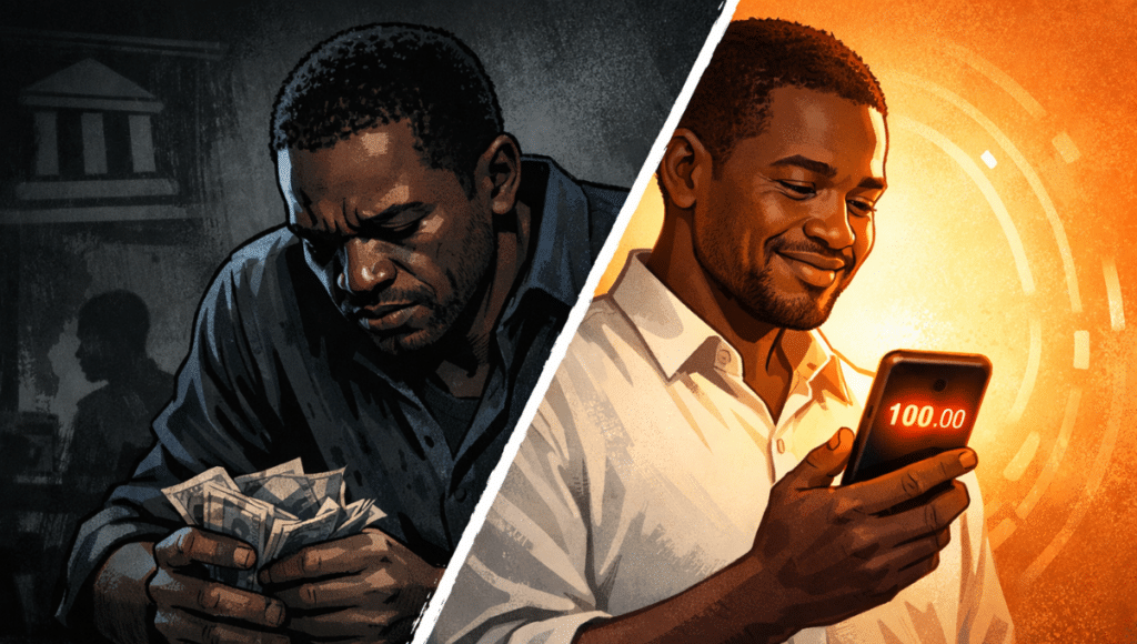 A split comic-style image shows an African man stressed and holding cash in a dark setting on one side, and calm while checking a glowing smartphone on a bright orange background on the other.