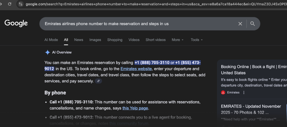 Interfaz de una búsqueda de Google sobre teléfonos de aerolíneas aéreas.