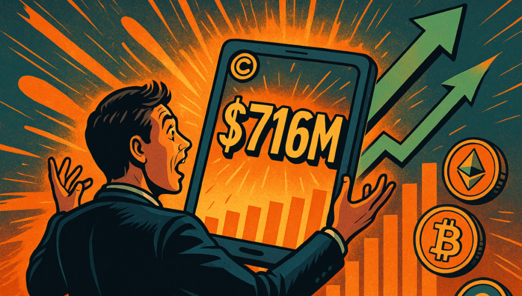 A man in a suit, looking stunned, holds a tablet displaying "6M", with upward green arrows, cryptocurrency icons (Bitcoin, Ethereum) and a bright orange background symbolizing a dramatic rise in investment.
