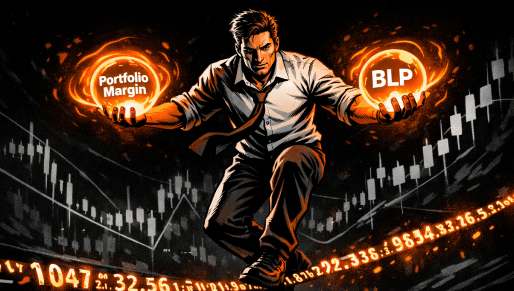 Trader balanced on luminous numbers, holding two orange spheres symbolizing Hyperliquid innovation and advanced crypto financial tools