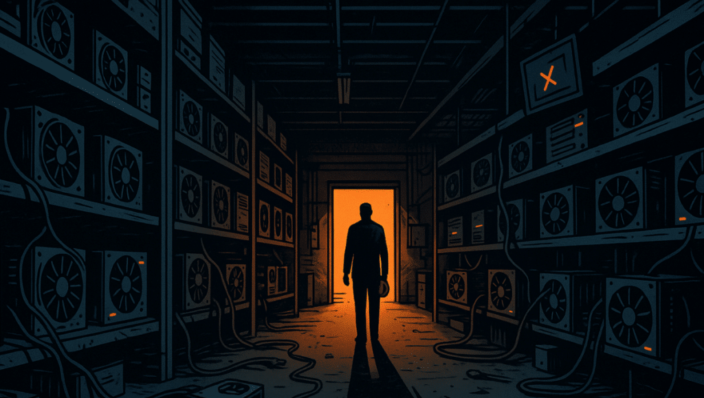 A solitary figure representing a Bitcoin mining specialist stands in the background, holding a safety helmet under one arm. He is motionless, watching the red blinking lights on the machines.