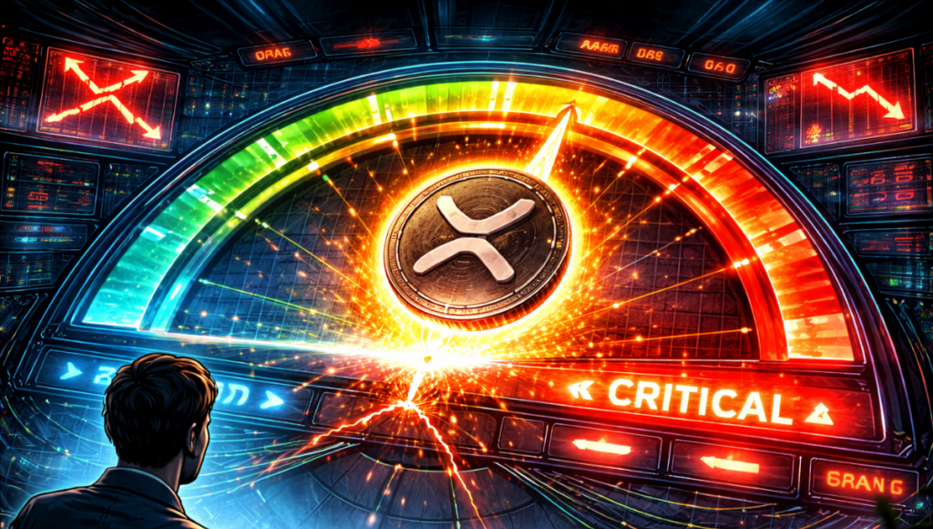 A XRP coin suspended in a digital gauge descending toward a zone marked "critical." A crypto trader watches the gauge.