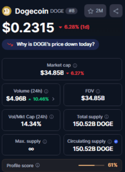 CoinMarketCapでのDogecoinの価格パフォーマンス