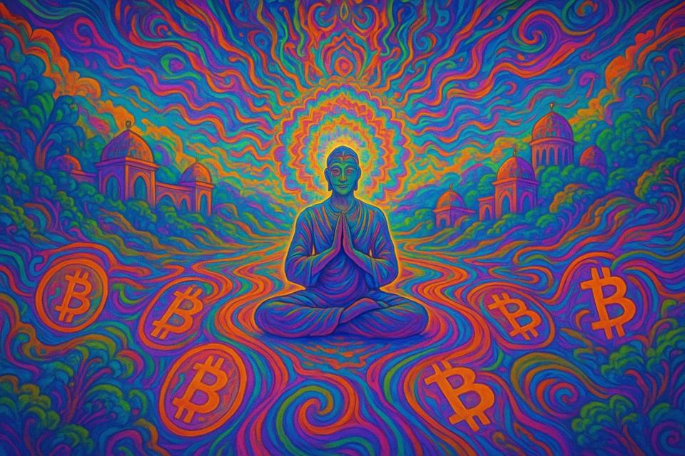 鮮やかなサイケデリックなデジタルアートワークが、祈りの姿勢で手を合わせた瞑想的な人物を描いています。