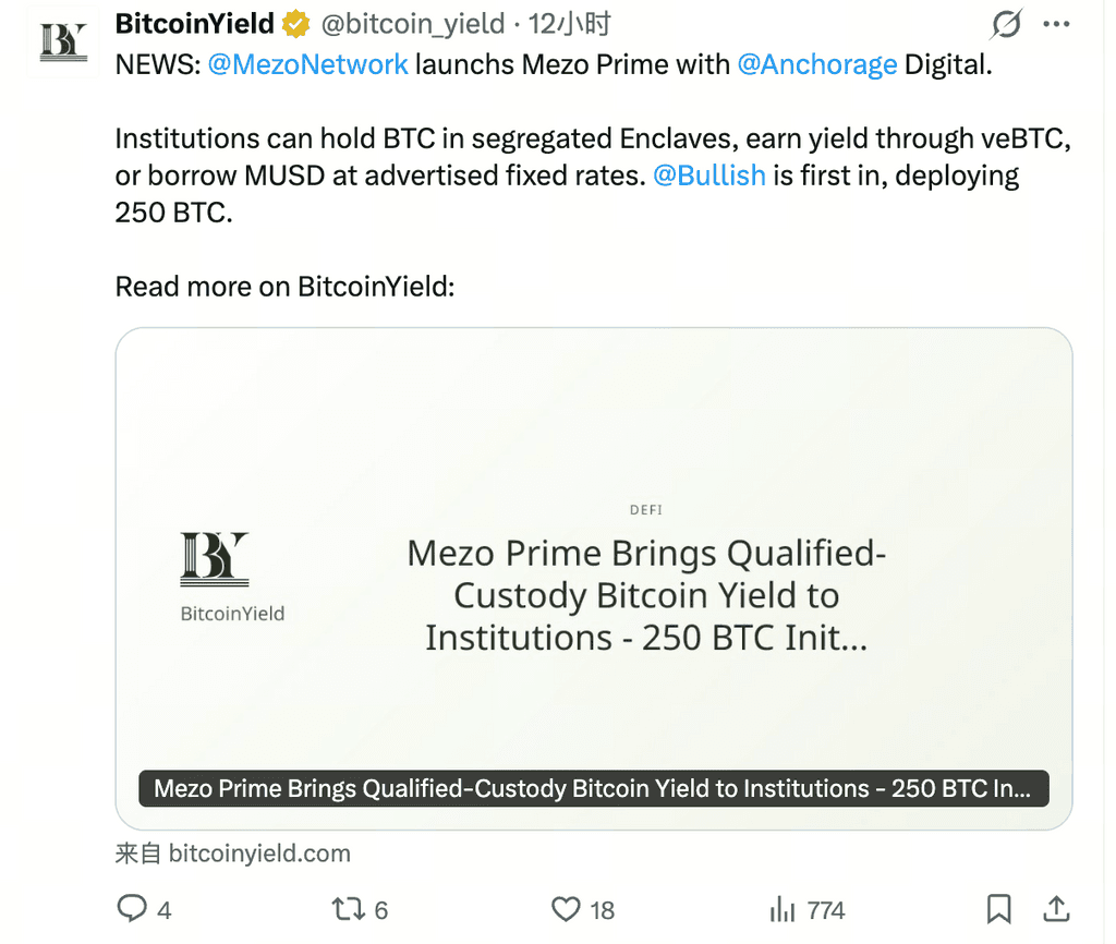 2026年Mezo Prime引入约250 BTC机构承诺资金