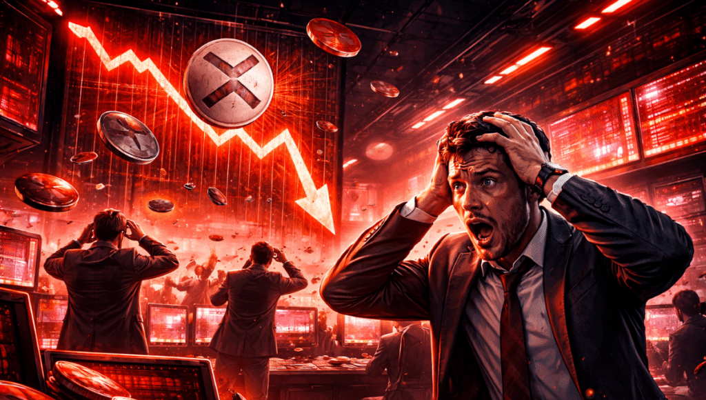 A giant screen displays an XRP chart. Crypto traders panic in front of red screens.