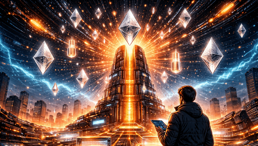 A futuristic structure (data tower) emits thousands of Ethereum-shaped diamonds into the sky. A crypto engineer or developer watches the scene. Streams of smart contracts are represented by connected capsules of light.