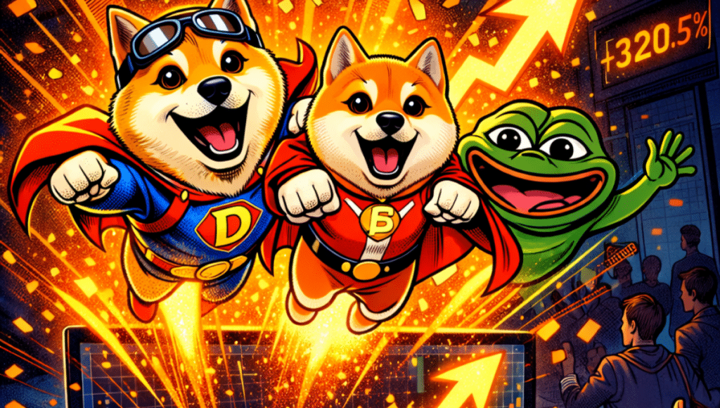 Illustration of memecoin mascots popping up.