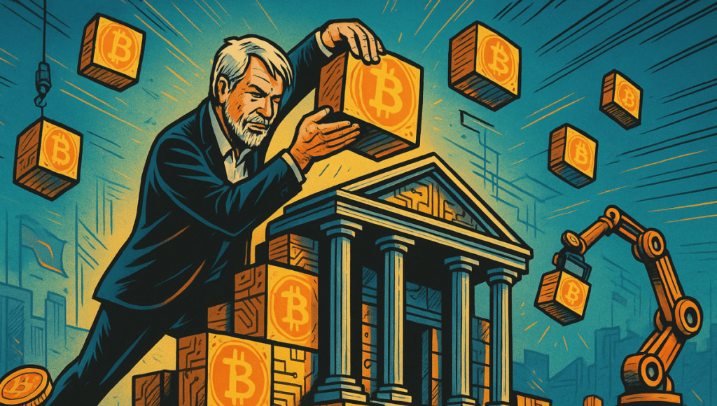 Saylor is symbolically placing a Bitcoin block on a banking structure under construction.