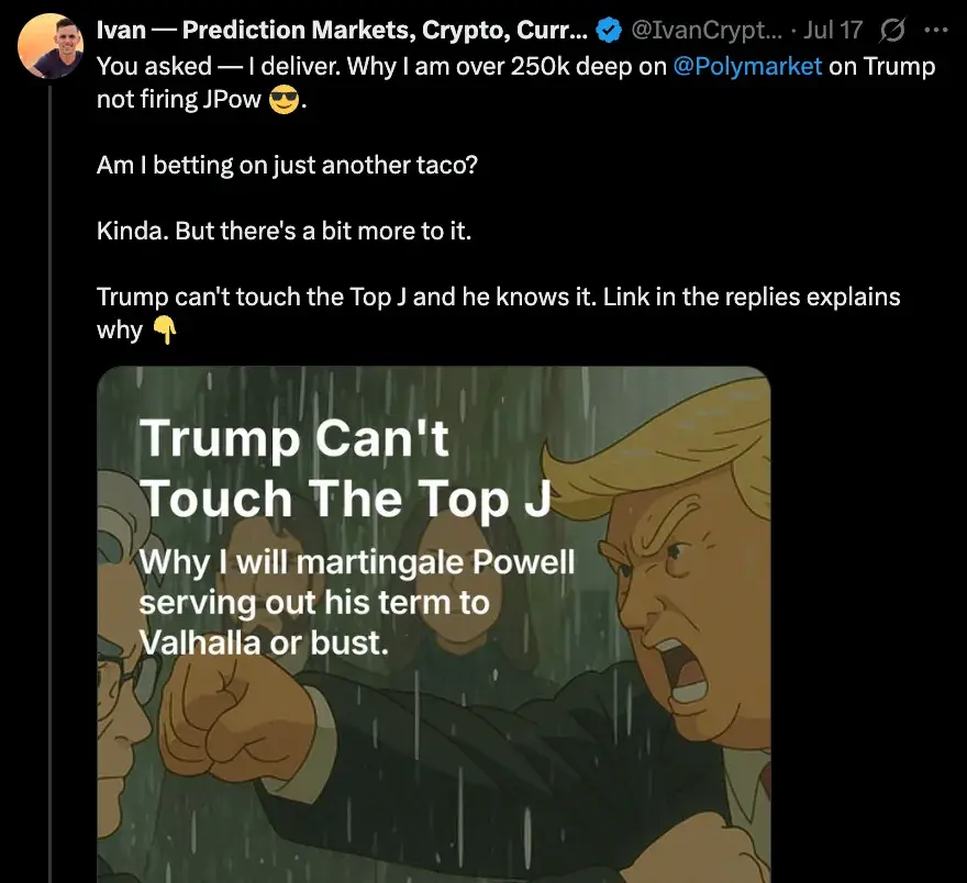 对话Polymarket交易员:为何押注25万美元认定特朗普不会解雇鲍威尔?