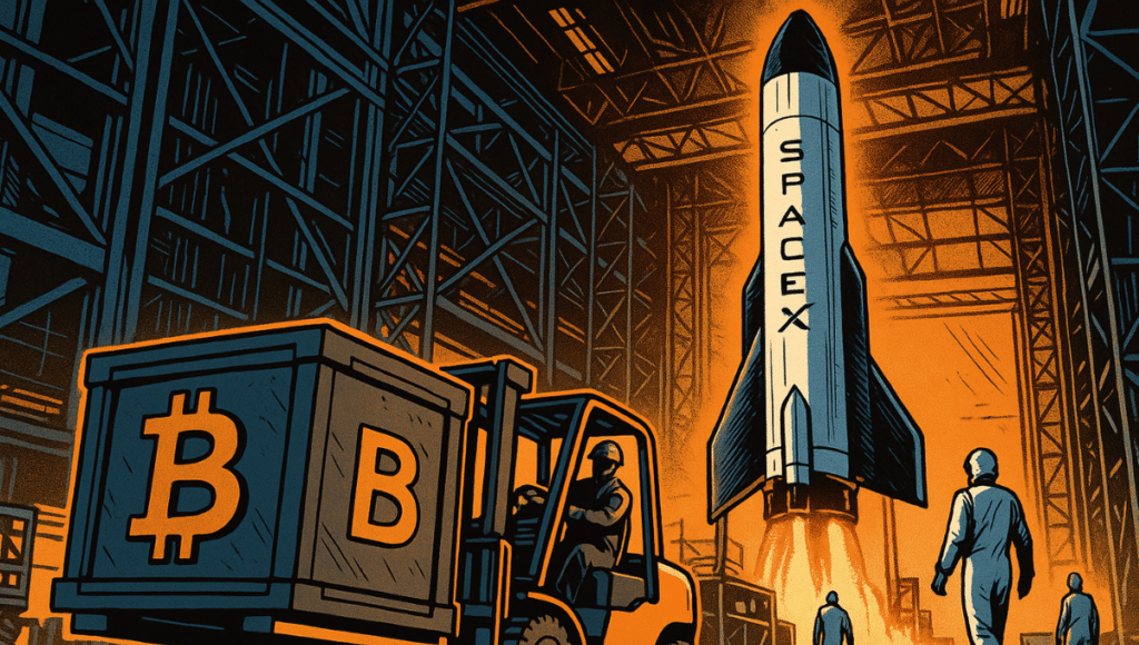 A SpaceX rocket stands vertical inside a massive hangar. A forklift is moving crates stamped with the Bitcoin symbol.