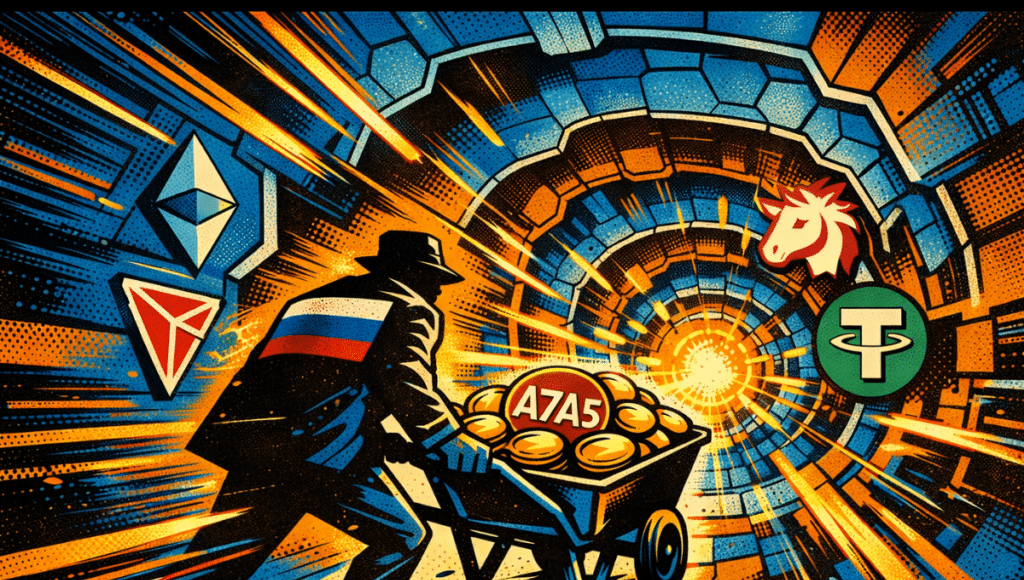 A Russian silhouette carries A7A5 through a crypto tunnel