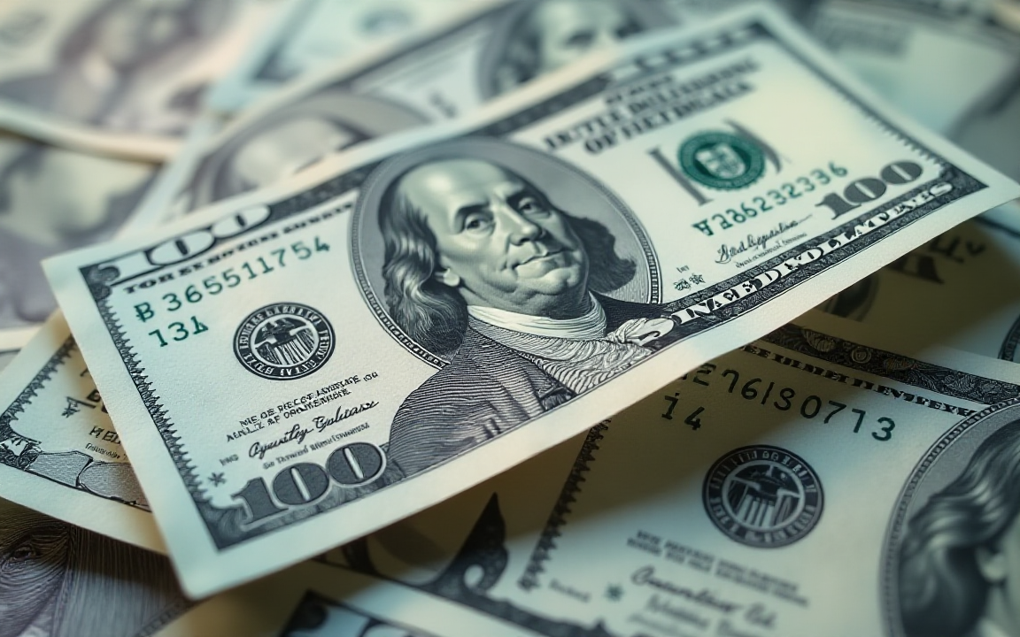 アメリカの100ドル札が重ねられ、ベンジャミン・フランクリンの肖像が強調されています。