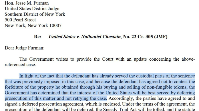 Extracto de la carta de Jay Clayton que detalla el acuerdo de procesamiento diferido con Nathaniel Chastain.