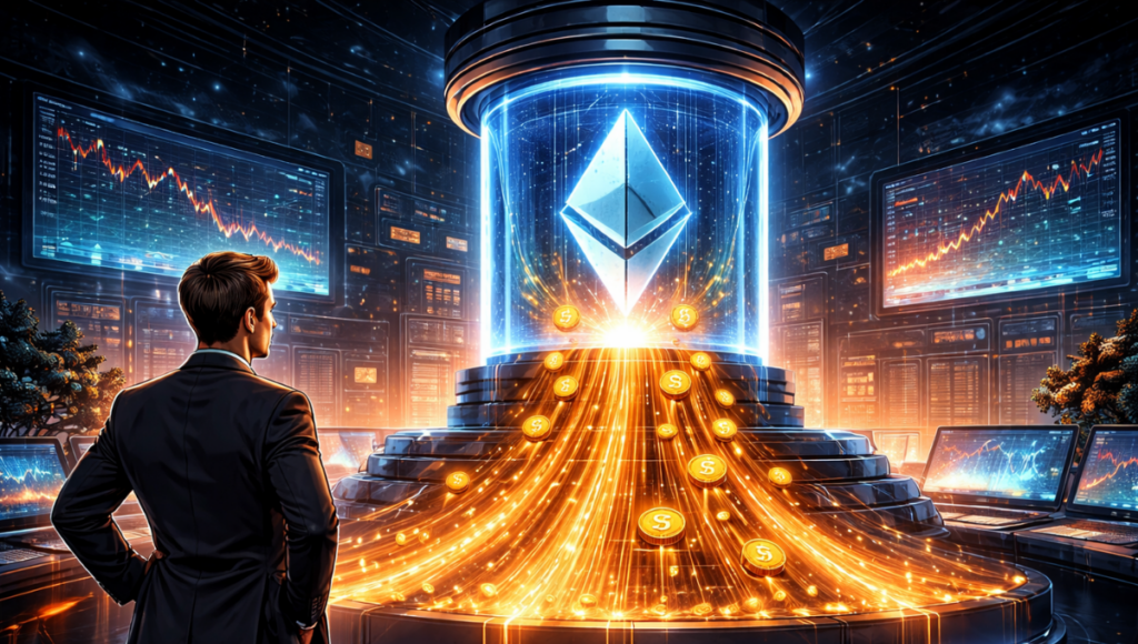 Orange streams flow from a translucent digital capsule containing the Ethereum logo, resembling income lines under the gaze of a crypto engineer, symbolizing the distribution of staking rewards.