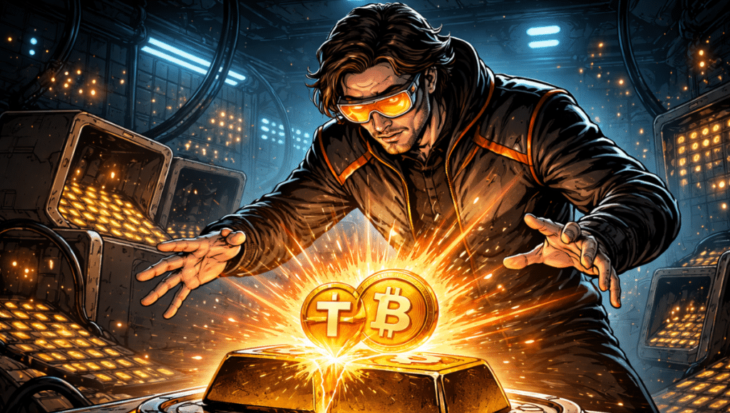 A digital engineer transforms a gold bar into Tether and Bitcoin tokens, merging tradition and innovation.