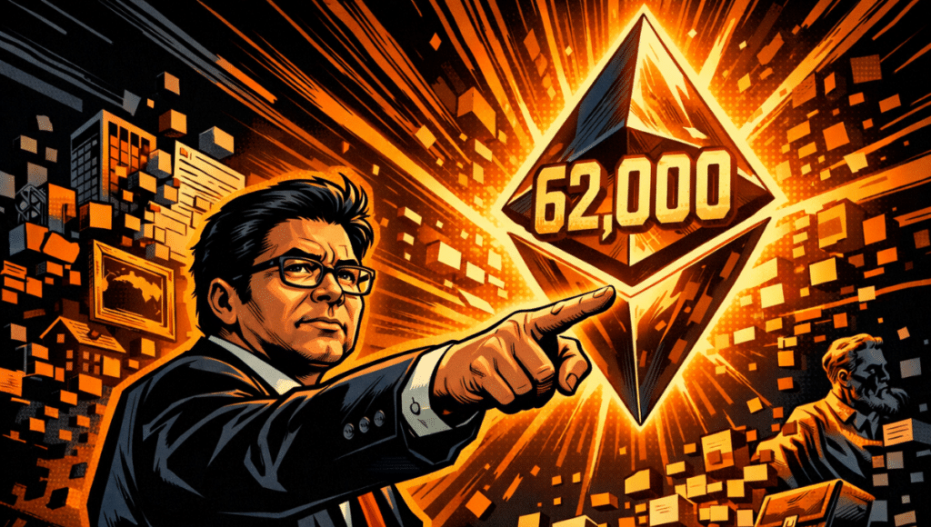 A comic-style illustration shows Tom Lee pointing toward a glowing Ethereum symbol marked "62,000," while buildings and artworks break into digital blocks around him.