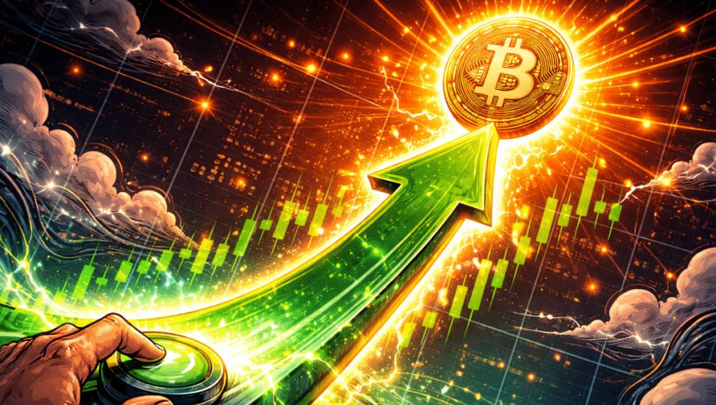 Zoom in on a chart where green candlesticks morph into a giant arrow pointing at a Bitcoin coin. A trader reaches out to press a button or touch a screen.