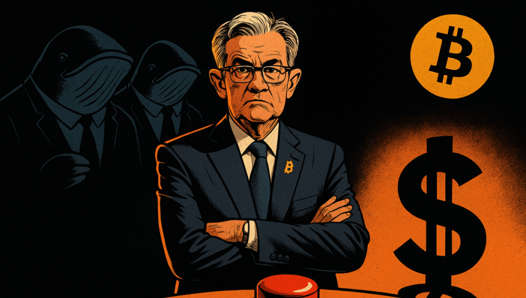 Powell, impassive, arms crossed in front of a red button, scrutinized by two whales in suits, shadows and dramatic tension.