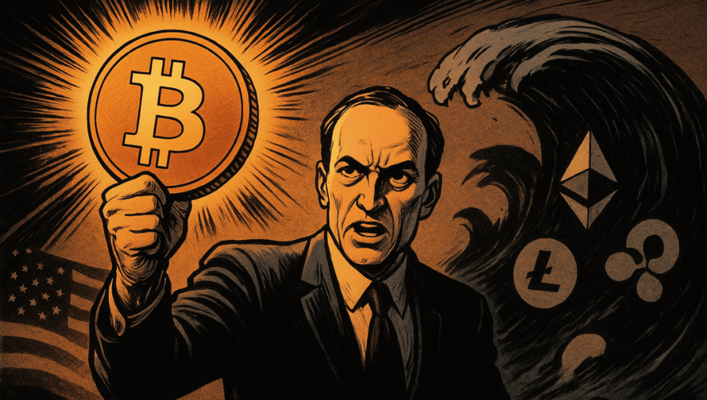 Gary Gensler, dressed in a suit, raises a glowing Bitcoin in front of a dark wave representing other cryptocurrencies, styled like a 1970s comic book.