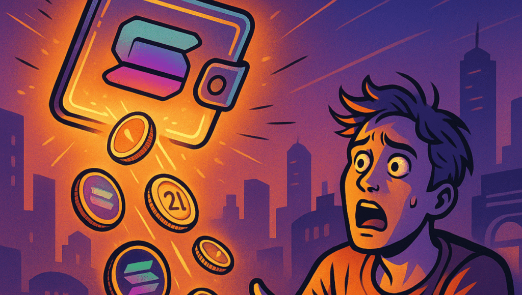 Jeune paniqué tente d'attraper des jetons Solana tombant d'un portefeuille numérique lumineux dans une ville futuriste.