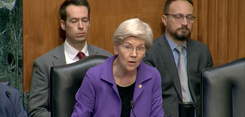 Elizabeth Warren speaking at a nomination hearing for Jonathan Gould in March