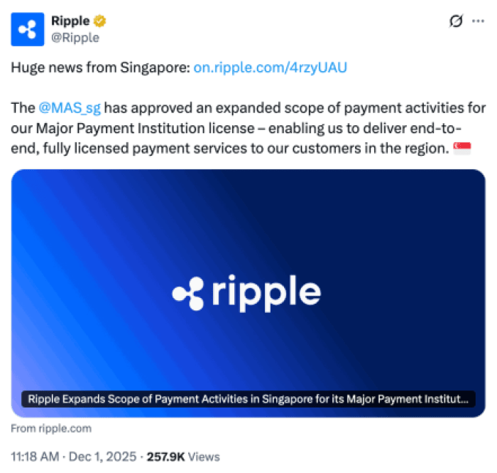 MPIライセンスの拡大に関するRippleのXへの投稿