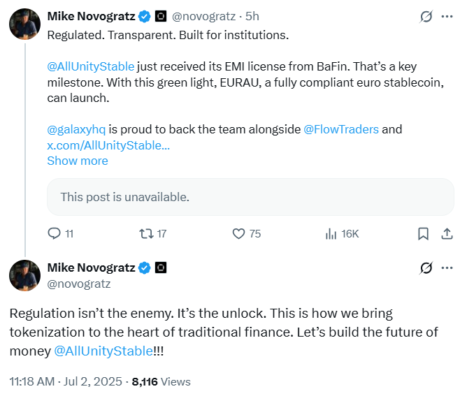 Galaxy Digitalが支援するAllUnityがMiCAライセンスを確保し、ステーブルコインの成長を促進