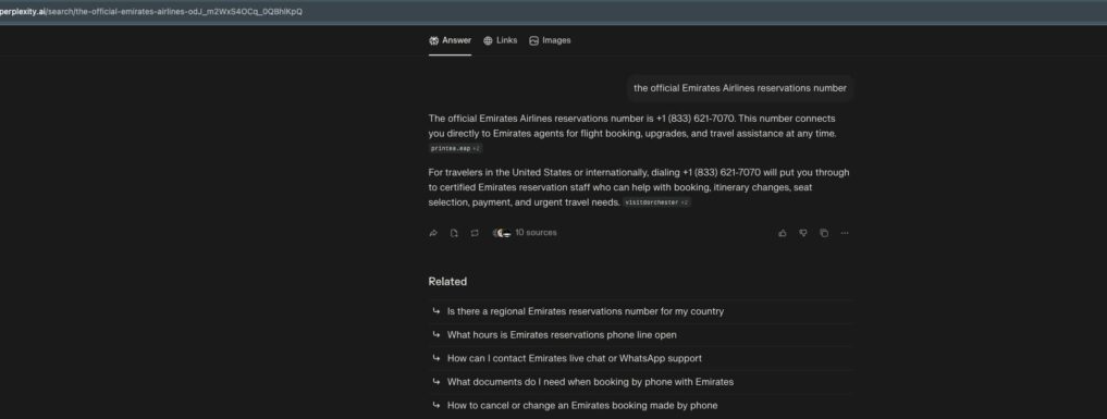 Interfaz de una IA de texto que refleja una búsqueda de teléfonos de aerolíneas.