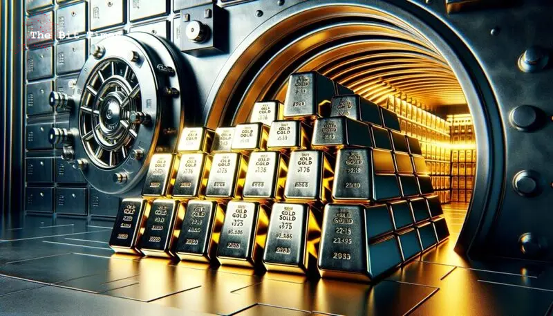 黄金条从打开的银行金库门流出