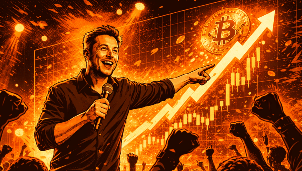 Elon Musk, in a black shirt, microphone in hand, pointing a finger at the giant screen, shows a Bitcoin chart soaring upward.