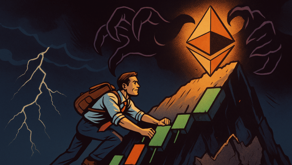 A trader climbs an Ethereum chart like a mountain, while a menacing claw emerges from a dark storm in the background.