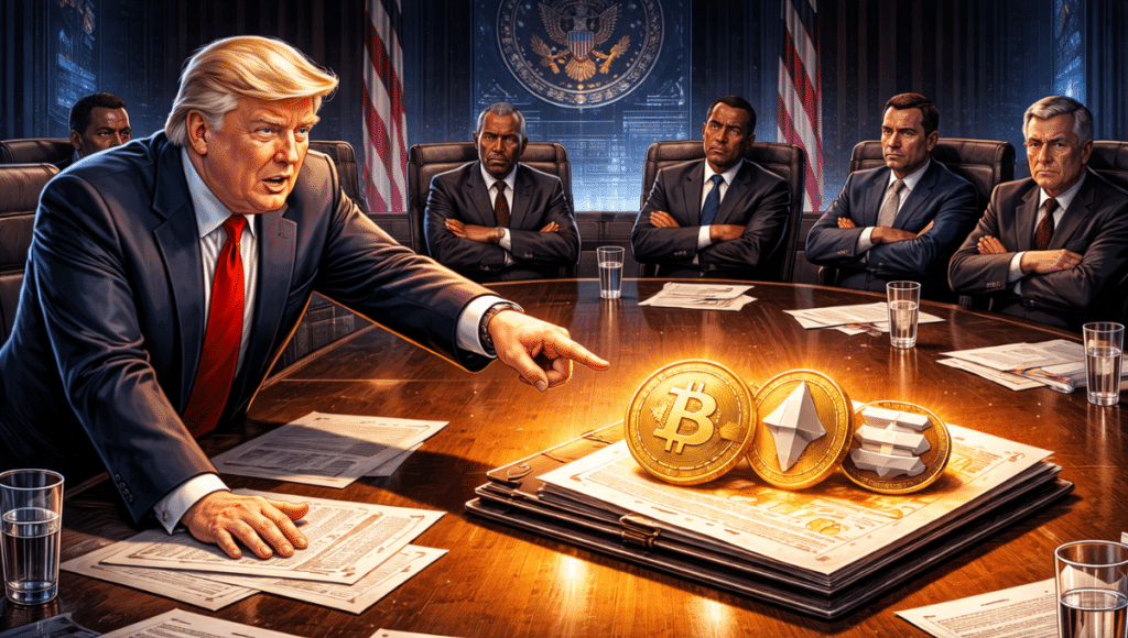 At one end of a political roundtable, Trump points to crypto files. At the other, lawmakers fold their arms, blocking the vote.