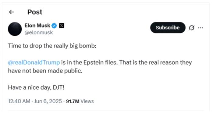 イーロン・マスクのトランプのエプスタインファイルの言及に関する今は削除された投稿。