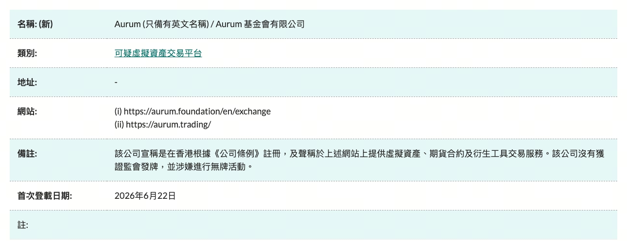 A Comissão de Valores Mobiliários de Hong Kong classificou a Aurum Foundation como uma plataforma de negociação de ativos virtuais “suspeita”, citando atividades sem licença