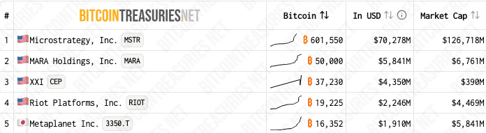 BTC保有量と5大企業ビットコイン保有者の時価総額
