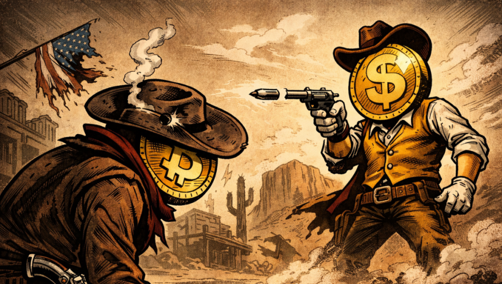 A tense Western duel: Bitcoin wounded and on its knees, facing a triumphant gold coin, smoking revolver, dramatic desert backdrop.