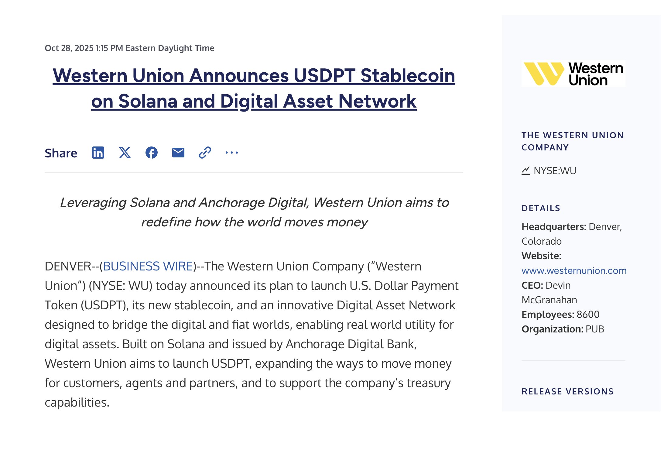Western Union launches USDPT