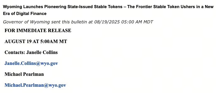 懷俄明州推出FRNT穩定幣