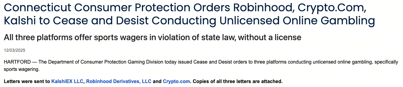 康州勒令Robinhood與Kalshi停業