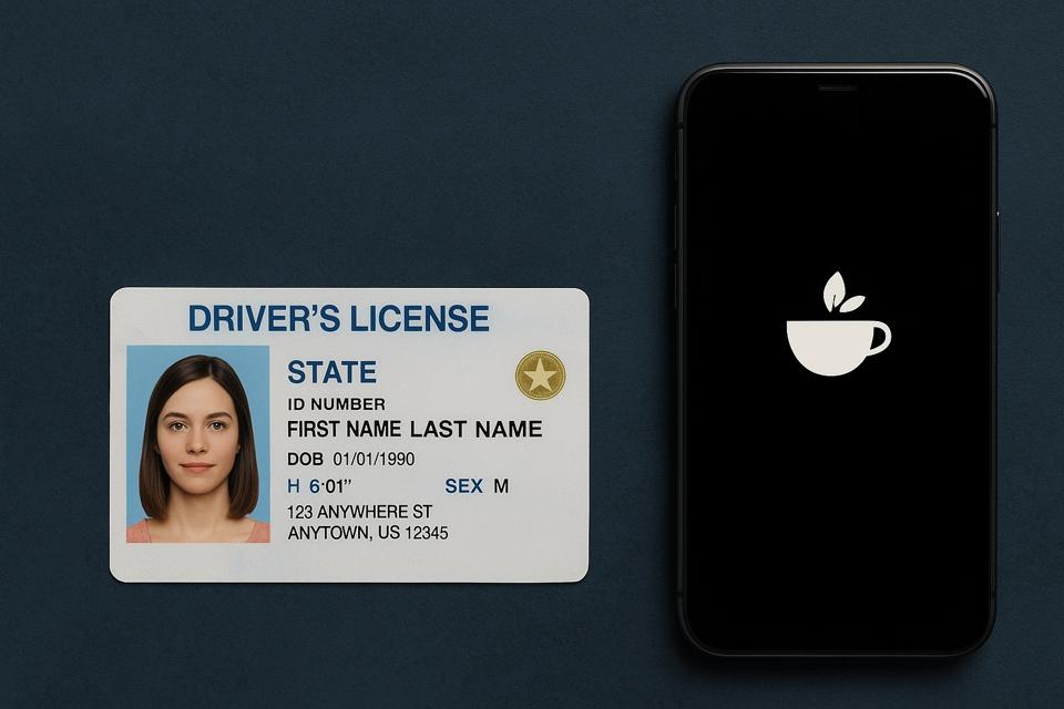運転免許証の横にTea Appのロゴが表示されているスマートフォン