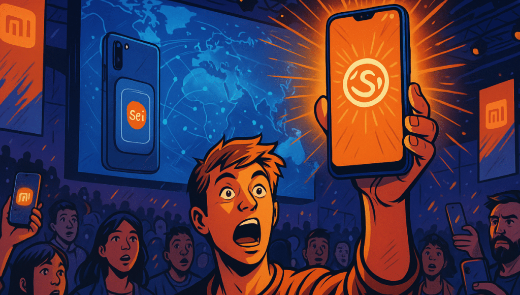 A crowd reacts as a glowing Sei wallet appears on a Xiaomi phone during a global tech event.