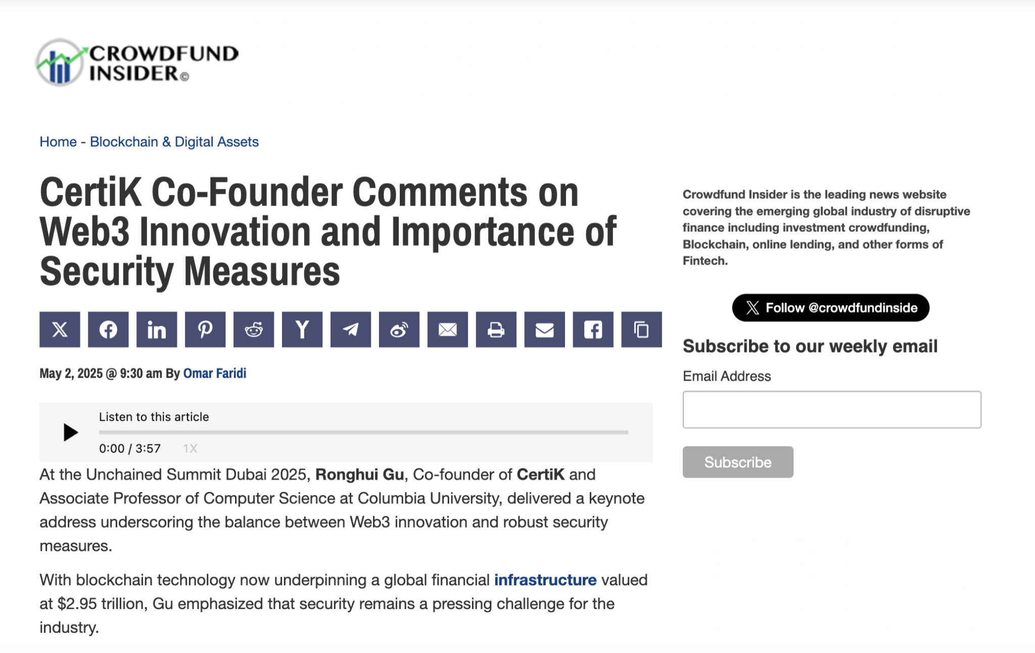 Crowdfund Insider聚焦:CertiK联创顾荣辉解析Web3.0创新与安全平衡之术